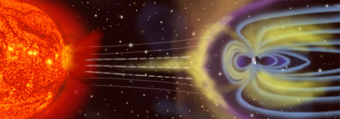 Artist's depiction of solar wind striking Earth's magnetosphere (size and distance not to scale) (NASA)