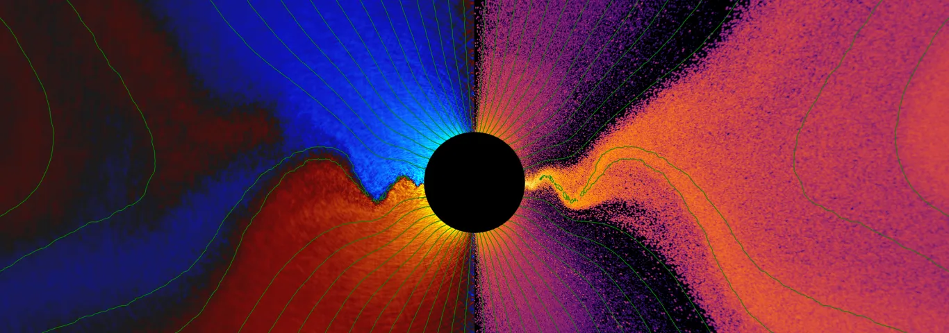 General relativistic particle-in-cell simulation of a collisionless plasma accreting onto a central spinning black hole. (Credit: J. Mehlhaff, Washington University in Saint Louis)