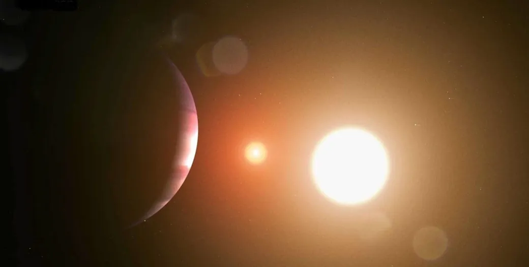 An artist's illustration shows that the stars in the TOI 1338 system make an eclipsing binary — they circle each other in our plane of view. If you could hover near the planet TOI 1338 b, you would see an eclipse every 15 days. NASA's Goddard Space Flight Center/Chris Smith (USRA)