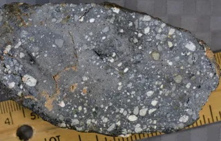 Sawn face of lunar meteorite Northwest Africa 10404, a polymict breccia