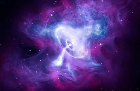 A composite image of the Crab Nebula with Chandra (blue and white), Hubble (purple), and Spitzer (pink). Credit: X-ray: NASA/CXC/SAO; Optical: NASA/STScI; Infrared: NASA-JPL-Caltech