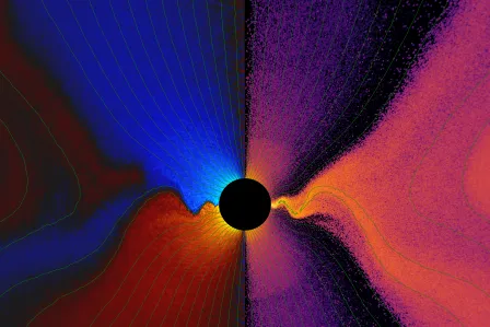 General relativistic particle-in-cell simulation of a collisionless plasma accreting onto a central spinning black hole. (Credit: J. Mehlhaff, Washington University in Saint Louis)