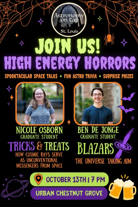 Poster advertising the October 13, 2026 Astronomy on Tap lectures: High Energy Horrors