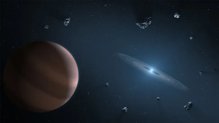 Artist concept of an exoplanet and debris disk orbiting a polluted white dwarf. (NASA / JPL-Caltech)