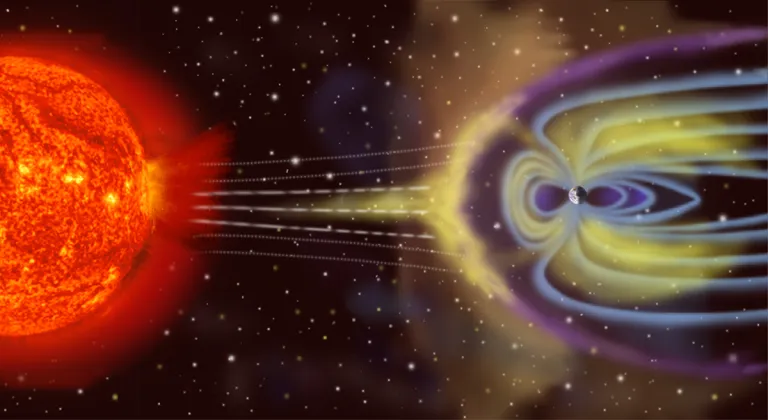 Artist's depiction of solar wind striking Earth's magnetosphere (size and distance not to scale) (NASA)