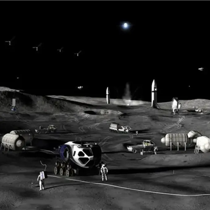  By the mid-2030s, NASA’s proposed moon base (illustrated) will be capable of sustaining humans for long durations. (Credit: NASA)