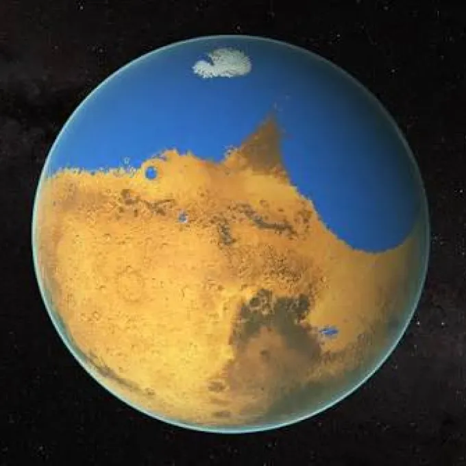 An artist’s concept of an ocean in the northern hemisphere of ancient Mars. The ocean’s shoreline traces Mars’s “crustal dichotomy,” a mysterious dividing line between the planet’s northern plains and southern highlands. (NASA’s Goddard Space Flight Center)