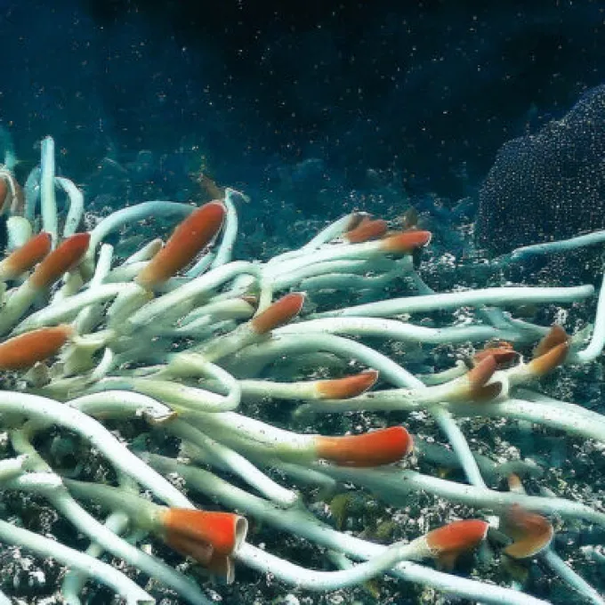 Giant Tube Worms Riftia pachyptila thriving at a deep-sea hydrothermal vent in the Mariana Trench 2025, showcasing a unique abyssal ecosystem